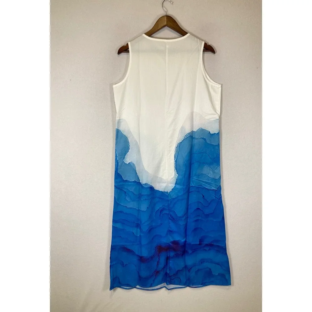 Artistic Watercolor Mountain Women XL Blue White Sleeveless Midi Dress - Picture 2 of 8